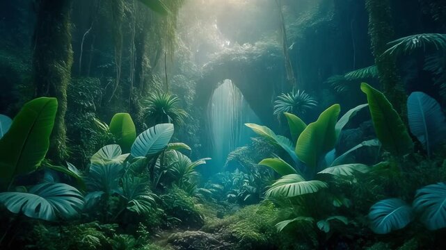 Otherworld Jungle Balance. Fantasy-Oriented Jungle (Mythical Mood, Subtle Surrealism). Fantasy Nature. naturally balanced jungle composition with symmetrical foliage, set in a surreal tropical forest
