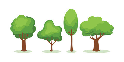 Four cartoon trees with green leaves and brown trunks on white background green trees leafy trees vector illustration © MSTFERDOUS