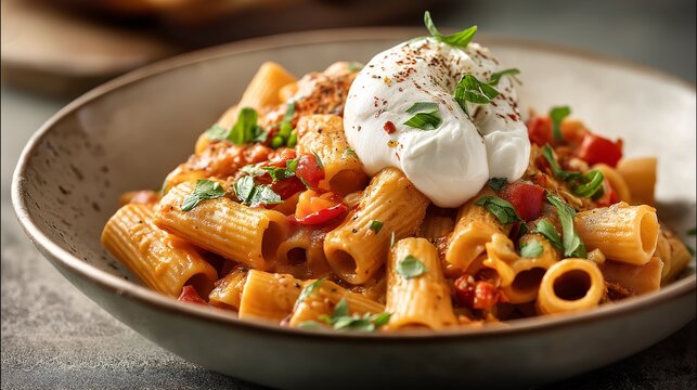 Delicious rigatoni pasta with creamy sauce and fresh herbs in bowl
