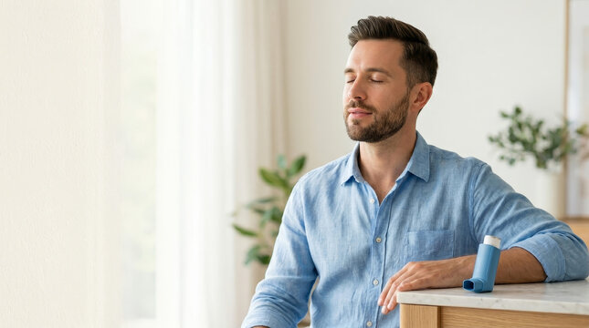 Calm man using inhaler for asthma management in natural light setting, suitable for health awareness campaigns