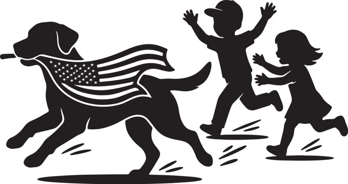 Dog running with American flag and children
