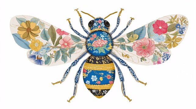 Colorful bee illustration decorated with intricate floral patterns and natural elements