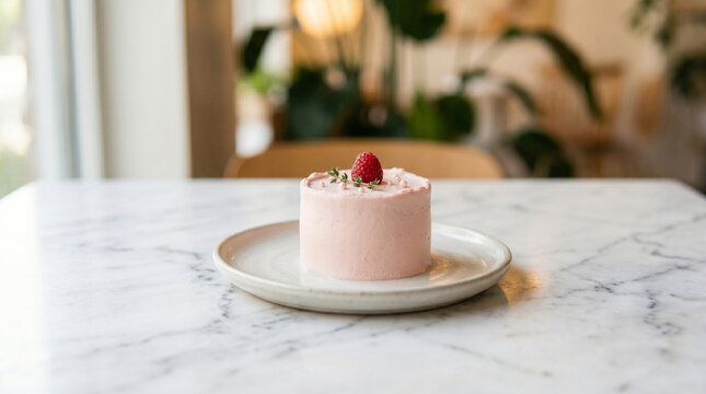 Small pink bento cake with raspberry on white marble table in modern cafe interior