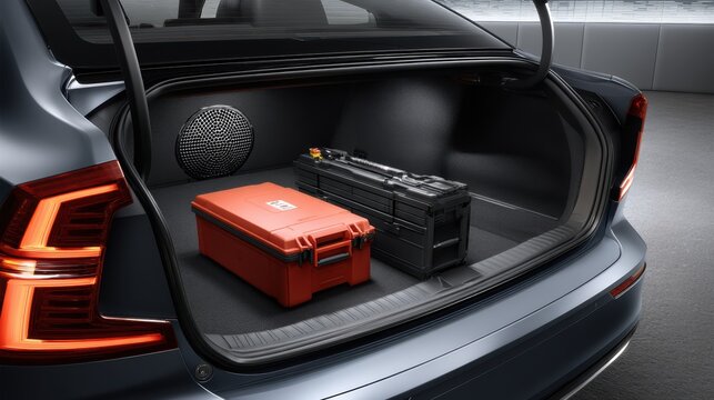 The trunk shows a red first aid kit resting on dark carpet. A gray hook and a circular speaker grill are seen nearby