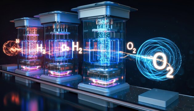 Industrial hydrogen fuel cell system with multiple units and glowing H2 and O2 molecules representing large-scale clean energy production and storage