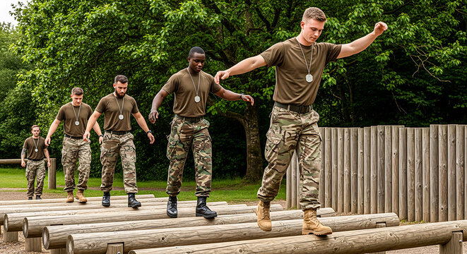 Military men training on obstacle course