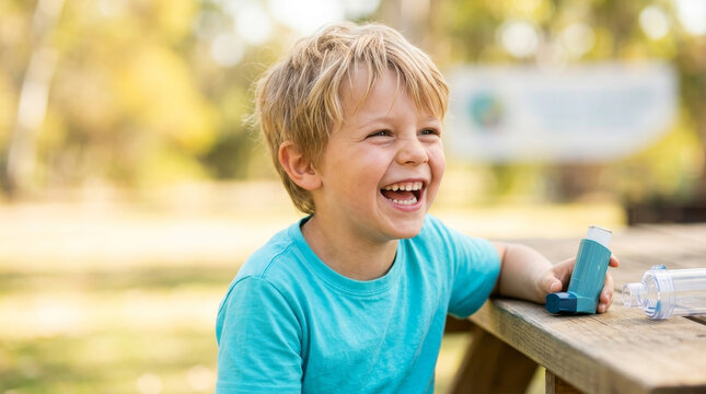 Laughing child with asthma inhaler at outdoor table, bright sunlight for World Asthma Day awareness campaign