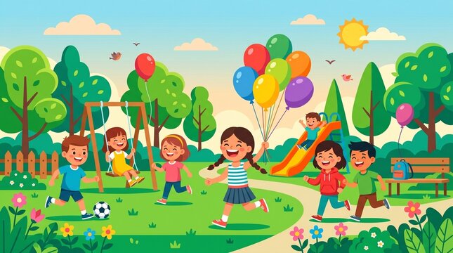 Children playing outside in a park with balloons and trees