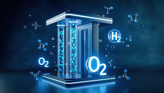 Futuristic hydrogen fuel cell reactor core with glowing H2 and O2 molecules representing advanced clean energy technology and sustainable power generation