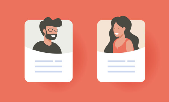 Profile user avatar identity card with social contact information data icon modern vector graphic illustration set, member portrait and essay details, employee cv resume credentials, man woman clipart