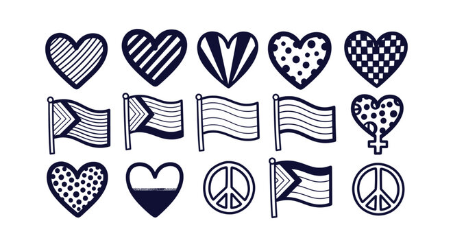LGBTQ+ Pride Icon Collection with Hearts Flags and Peace Symbols in Minimalist Black Line Art Style