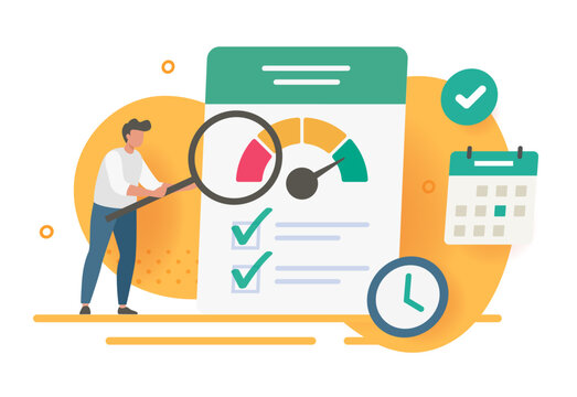 Credit score audit report review vector modern minimal graphic illustration, business performance exam rating analysis evaluation concept, productivity efficiency research document image clip art
