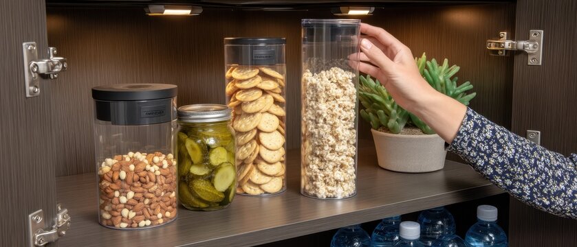 A hand stretches into a dark pantry to grab a package of crackers near jars and containers filled with snacks