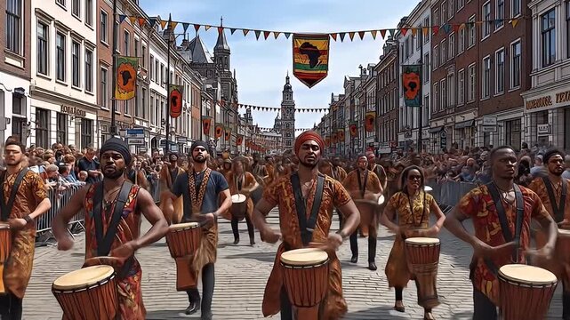 Crowd celebrating with drums and banners in a European city in a cartoon style