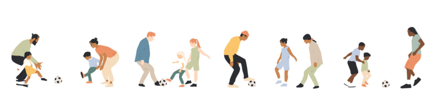 Multicultural groups of families playing ball.