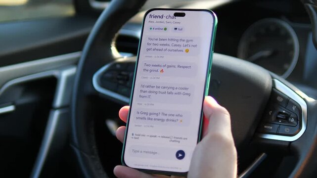 Close-up of a mobile messenger app with an active group conversation. High-quality UI design with scrolling messages. Ideal for tech reviews, software ads, and digital connection concepts. Showcase
