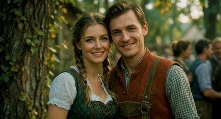 Obraz premium Smiling young couple wearing traditional German Bavarian attire in the forest
