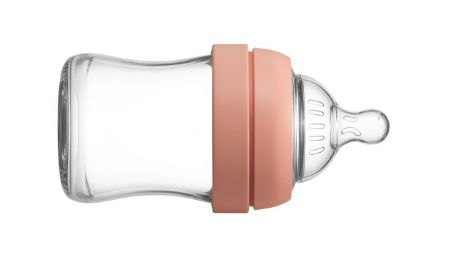 Transparent glass baby bottle featuring a soft pink silicone teat isolated on a white background