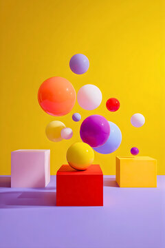 Colorful spheres and geometric shapes floating above vibrant red and yellow blocks against a bright yellow background showcasing modern minimalist design with playful abstract elements