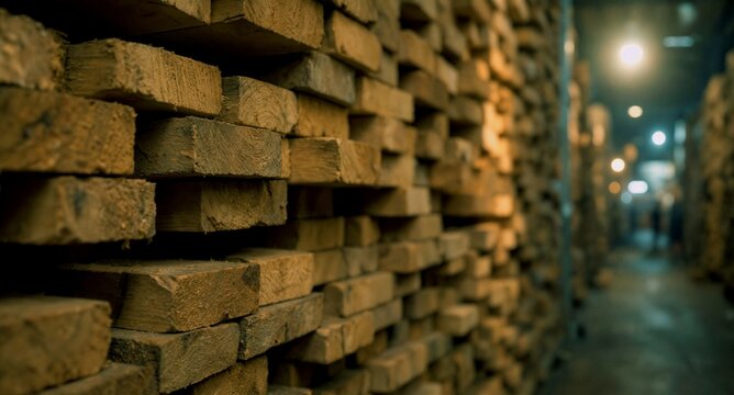 Rows of stacked wooden planks in an industrial warehouse storage facility