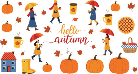 Hello Autumn Vector Illustration Set Featuring People with Umbrellas, Pumpkins, Maple Leaves, Hot Coffee Mugs, Pie, and Cozy Fall Elements for Seasonal Greetings and Marketing © Sohel