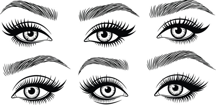 Six different eyelid and eyebrow combinations, black and white eyes eyelids eyebrows makeup