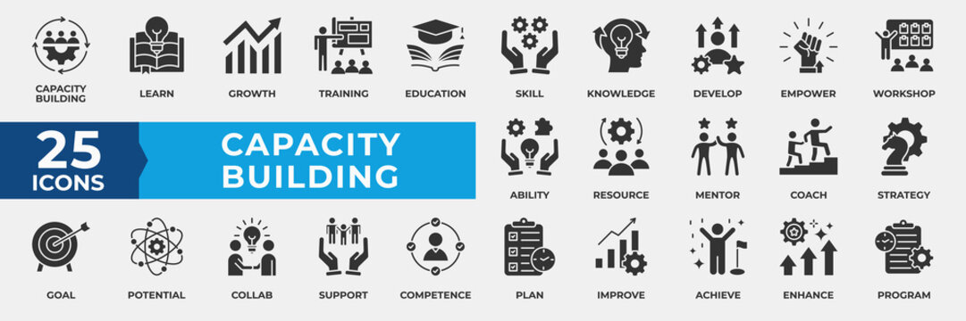 Capacity Building icon set solid black style. Containing icon growth, training, education, skill, knowledge, development, empowerment, workshop, ability and more. Simple Solid Black Illustration.