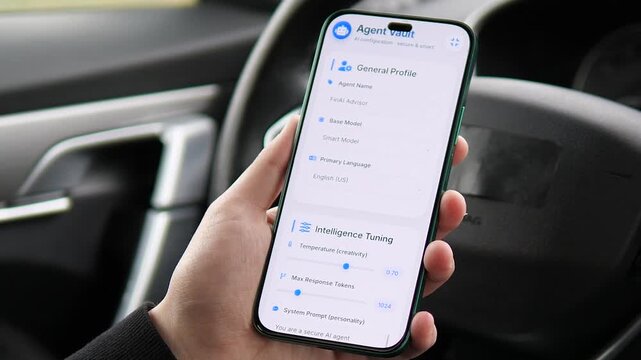 Designing a virtual AI advisor on the go. Close-up of configuration settings including system prompts and creativity levels. Great for business tech, programming tutorials, and generative AI marketing