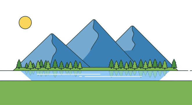Flat design mountain landscape with lake and trees