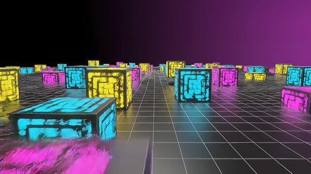 Abstract Neon Cubes Grid Futuristic Digital Landscape.