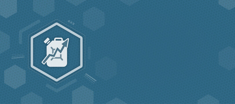 Abstract business header with a fuel jerrycan icon and a rising stock market trend arrow representing rising oil prices, energy market growth and global fuel cost inflation