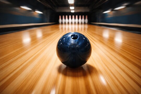 Close-up of bowling ball on wooden lane aiming toward pins in indoor bowling alley