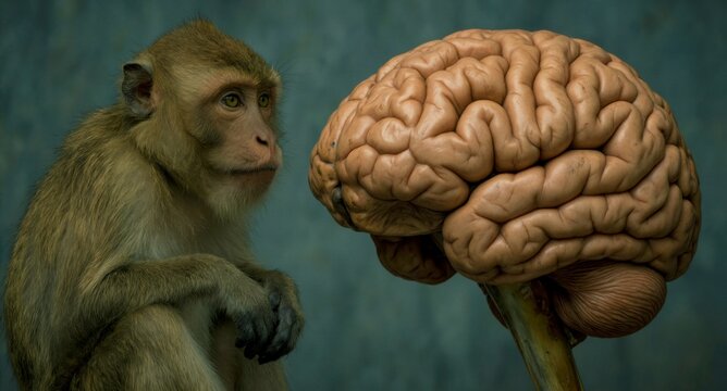 Macaque monkey observing a human brain model representing primate intelligence