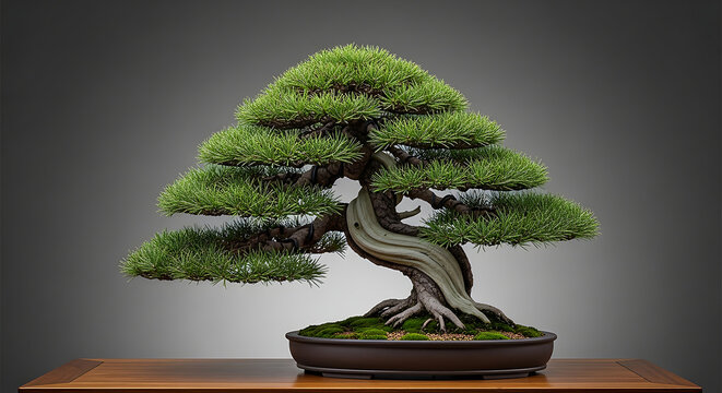 Majestic Japanese Black Pine Bonsai Tree with Twisted Trunk and Deadwood Shari Details in Ceramic Pot Zen Miniature Garden Sculpture on Neutral Studio Background