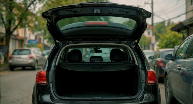 Empty trunk of a black hatchback car parked on a street