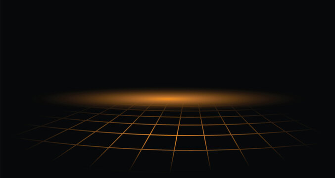 Golden Perspective Grid Floor with Glowing Light on Black Background &mdash; Futuristic Abstract Technology Wallpaper and Banner