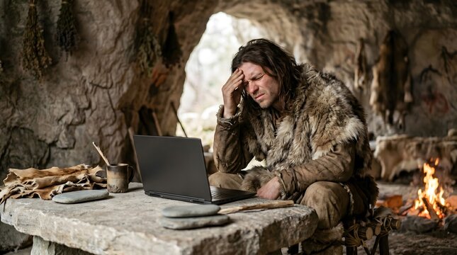 Stressed caveman works on a laptop at a stone table in a cave. Ideal for remote work humor, burnout, technology, and productivity content.