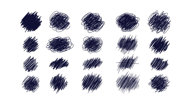 Collection of hand drawn scribbles, messy pen doodles and hatching ink textures isolated on white.