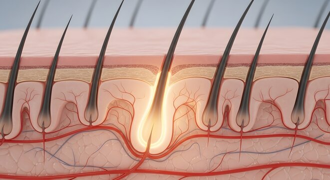 Hair Growth Activation Concept &ndash; Healthy Hair Follicle Structure with Blood Supply and Stimulated Hair Root Regeneration