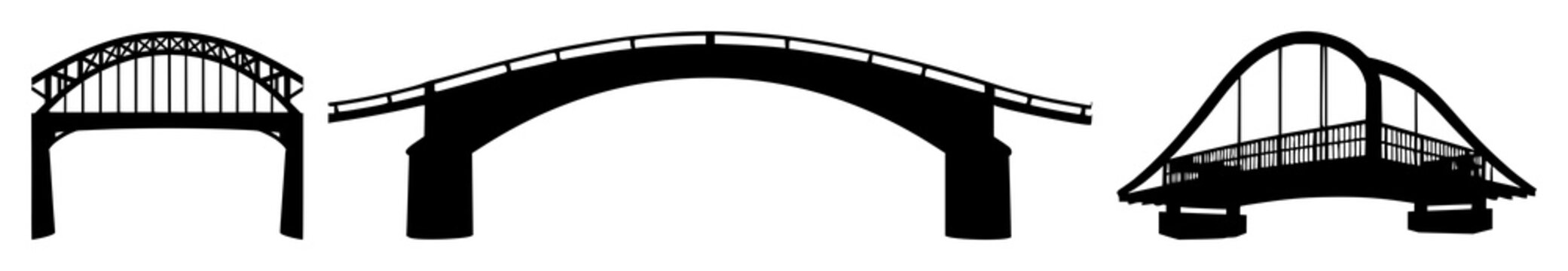 Bridge set with black silhouette on stark white background featuring elegant arch, structural engineering, iconic landmark with cityscape and transportation