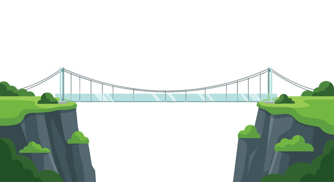 A modern suspension bridge with glass railings and steel cables connects two lush green cliff edges over a deep gorge under a bright sky.