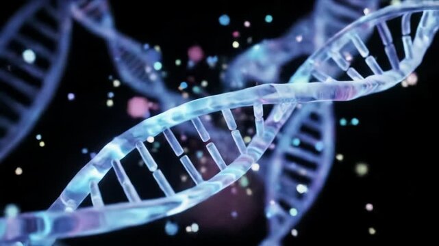 Transparent blue, purple DNA double helix strands with intricate base pairs, surrounded by luminous particles, float against a dark bokeh background. Genetic research concept