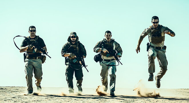Group of four elite soldiers in tactical gear running and jumping across the desert landscape during a high intensity military mission in the bright light of a sunny afternoon
