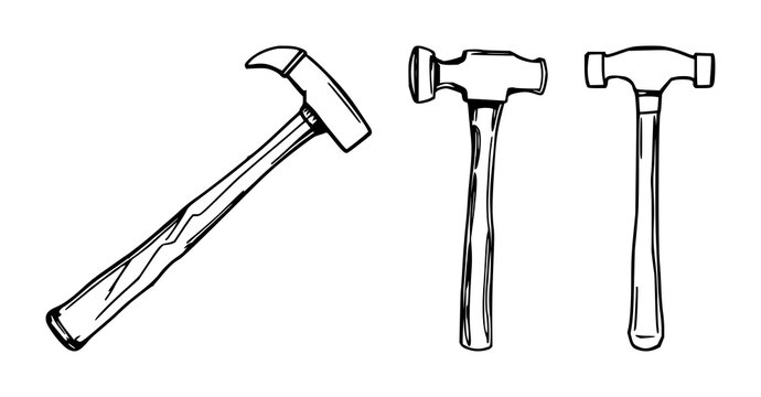 Hammer set with black line art layout on white background featuring hammer, tool, construction with manual labor and precision
