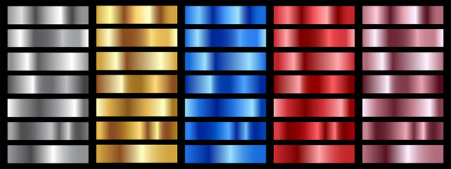 Set of shiny metallic gradient swatches arranged in columns of silver, gold, blue, red, and rose gold © Anastasiia