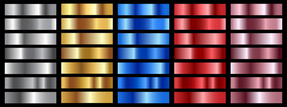 Set of shiny metallic gradient swatches arranged in columns of silver, gold, blue, red, and rose gold