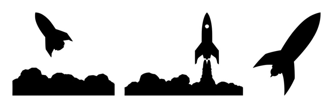 Rocket launch set with black silhouette over white background featuring rocket, launch, space with black and white and silhouette