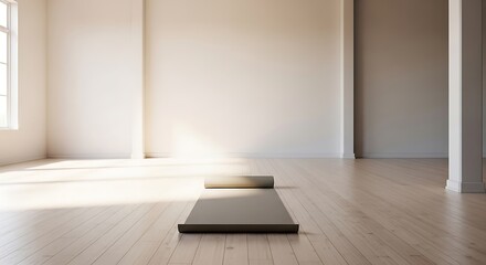 Fototapeta premium Empty room featuring wooden floor and minimalist yoga mat setup