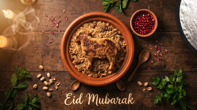 Traditional festive lamb and rice dish served on a rustic wooden table for Eid al-Adha celebrations and religious holiday greetings