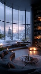 Naklejka premium A sophisticated living space features sleek furniture and soft lighting. Floor-to-ceiling windows reveal a snowy landscape, enhancing the cozy atmosphere. The fireplace adds warmth and charm